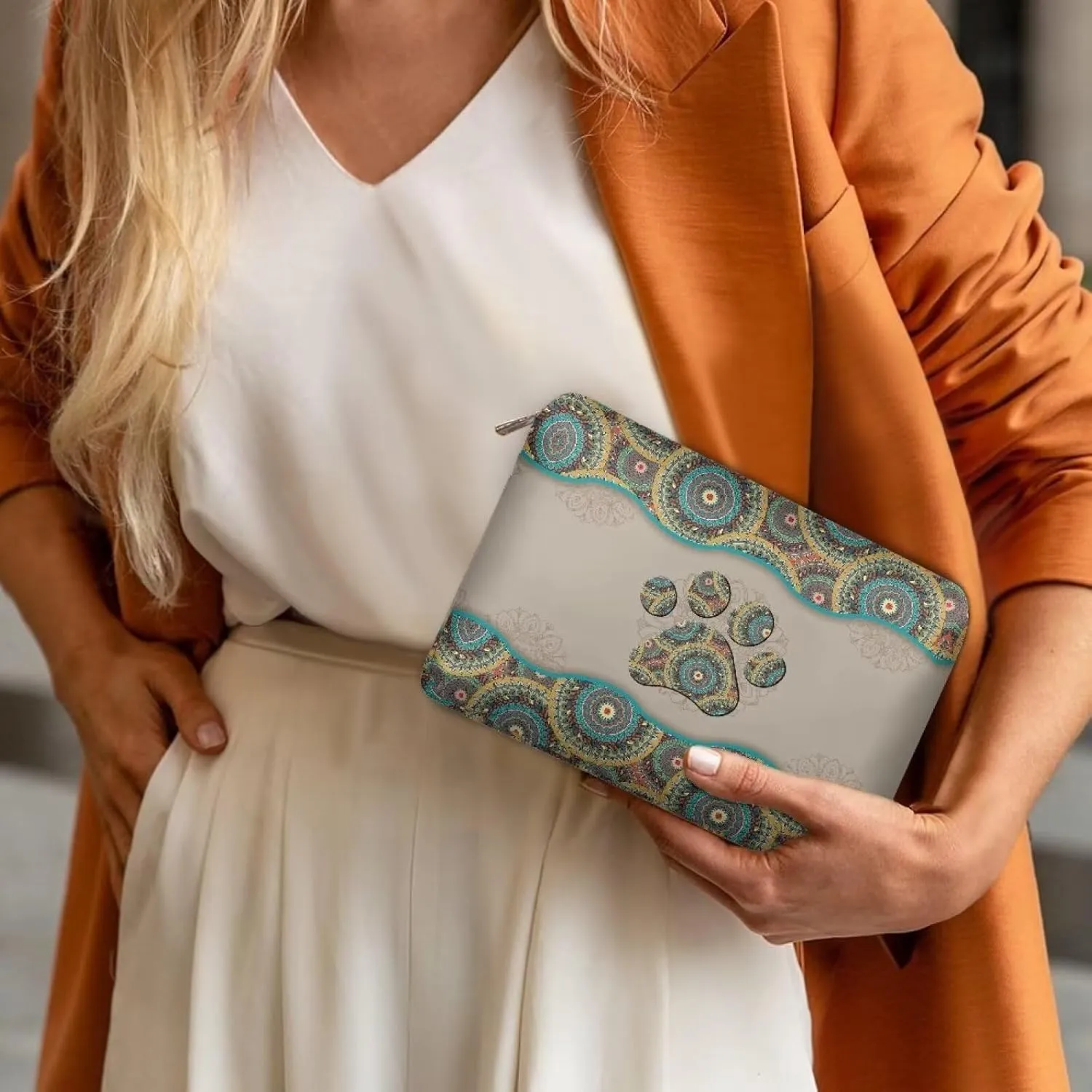 Flashideas Boho Dog Paw Print Makeup Pouch for Purse PU Leather Portable Versatile Travel Makeup Bag Organizer Cosmetic Zipper Pouch Purse Easy to Take Portable Toiletry Bag