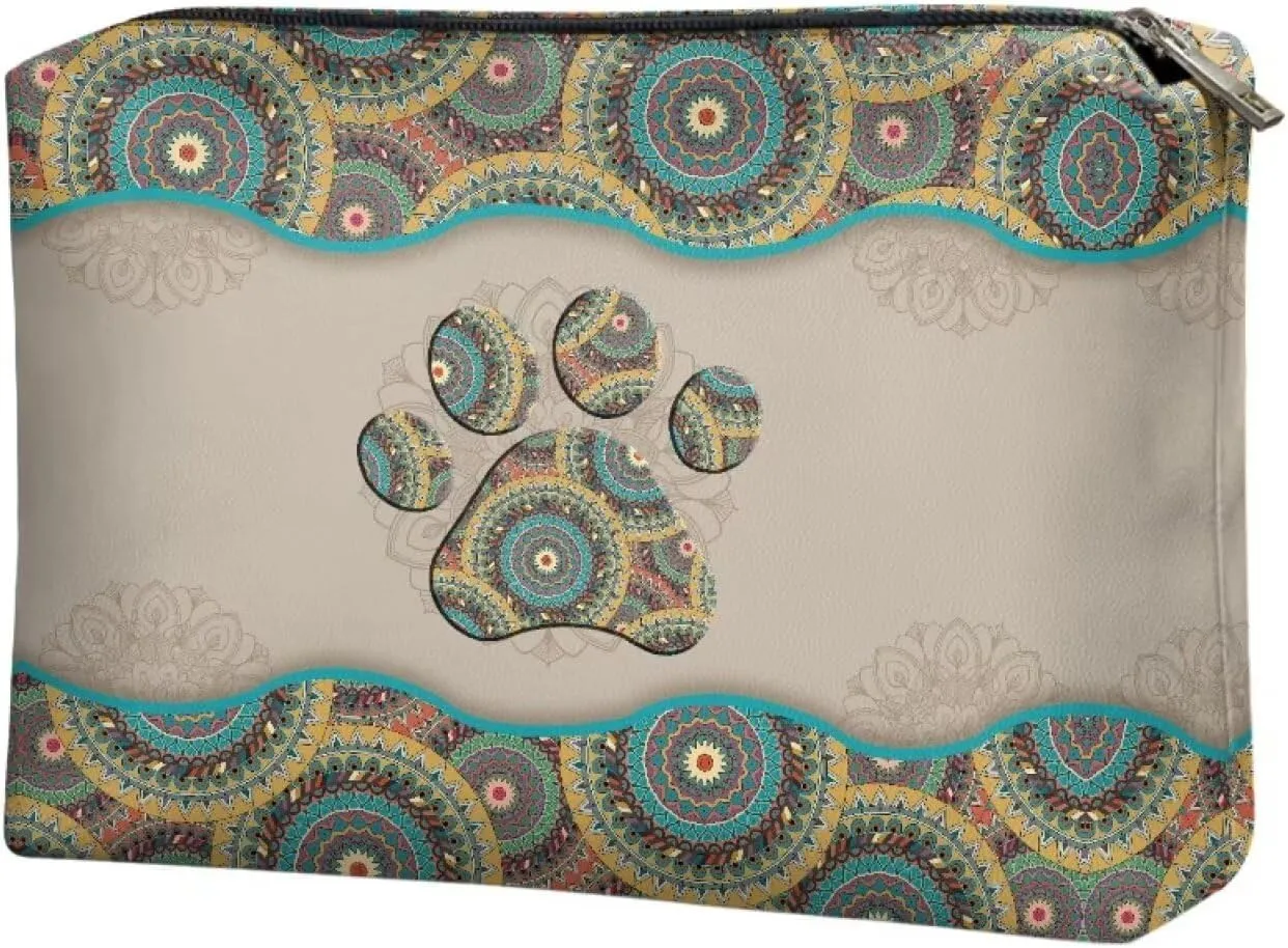 Flashideas Boho Dog Paw Print Makeup Pouch for Purse PU Leather Portable Versatile Travel Makeup Bag Organizer Cosmetic Zipper Pouch Purse Easy to Take Portable Toiletry Bag