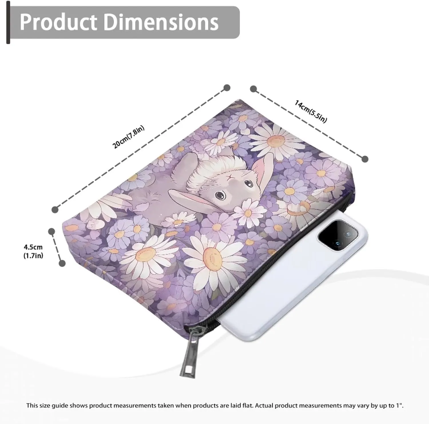 Flashideas Bunny Daisy Makeup Pouch for Purse PU Leather Portable Versatile Travel Makeup Bag Organizer Cosmetic Zipper Pouch Purse Easy to Take Portable Toiletry Bag