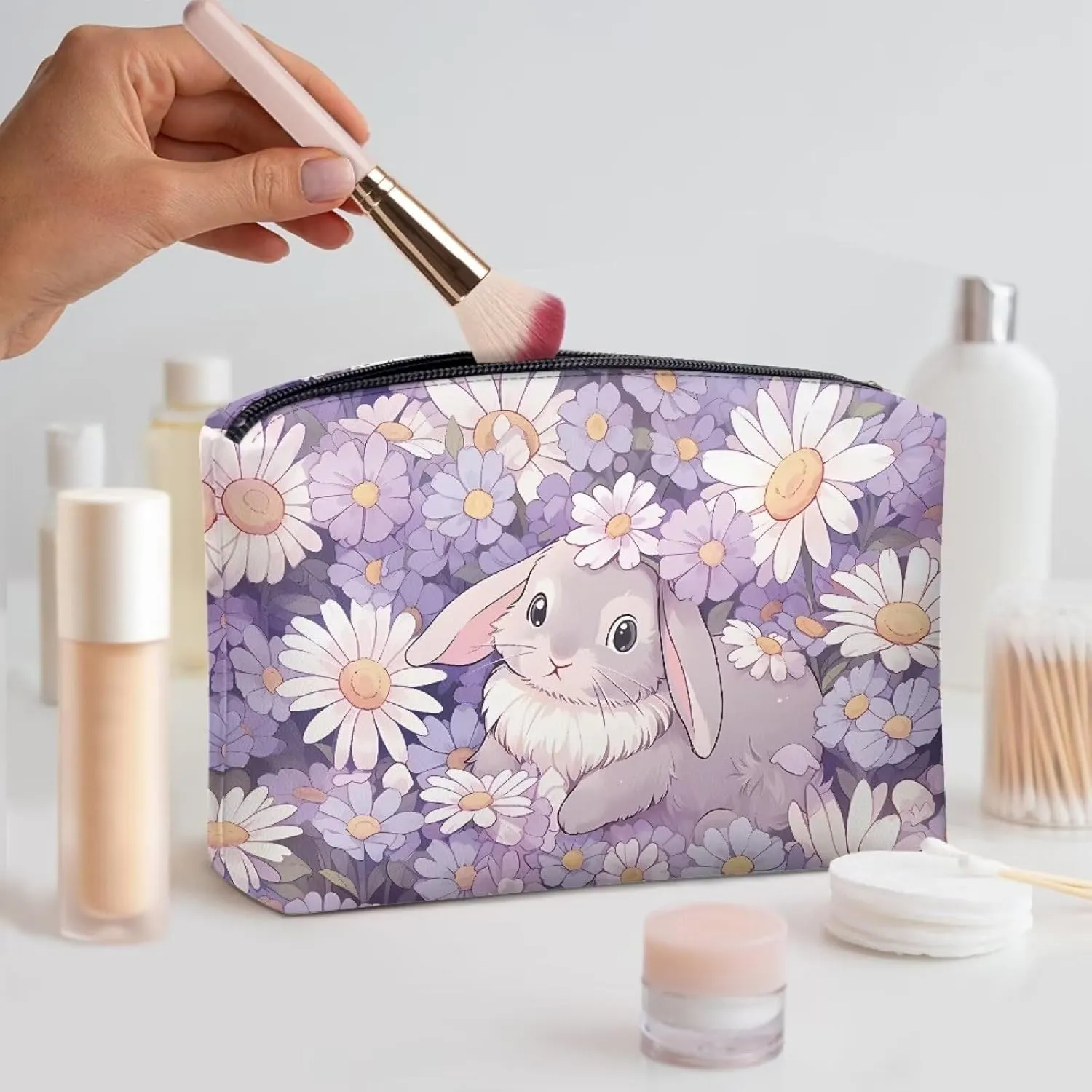 Flashideas Bunny Daisy Makeup Pouch for Purse PU Leather Portable Versatile Travel Makeup Bag Organizer Cosmetic Zipper Pouch Purse Easy to Take Portable Toiletry Bag