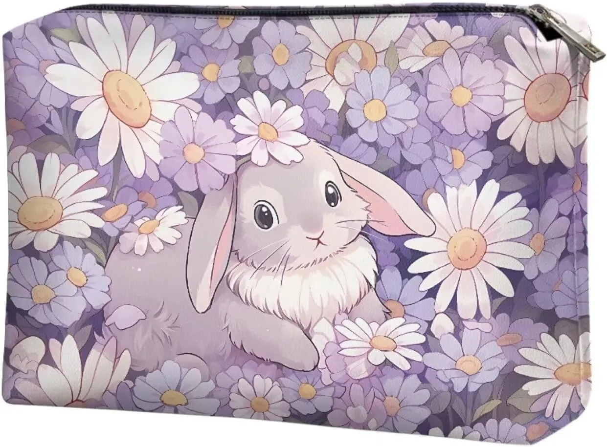Flashideas Bunny Daisy Makeup Pouch for Purse PU Leather Portable Versatile Travel Makeup Bag Organizer Cosmetic Zipper Pouch Purse Easy to Take Portable Toiletry Bag