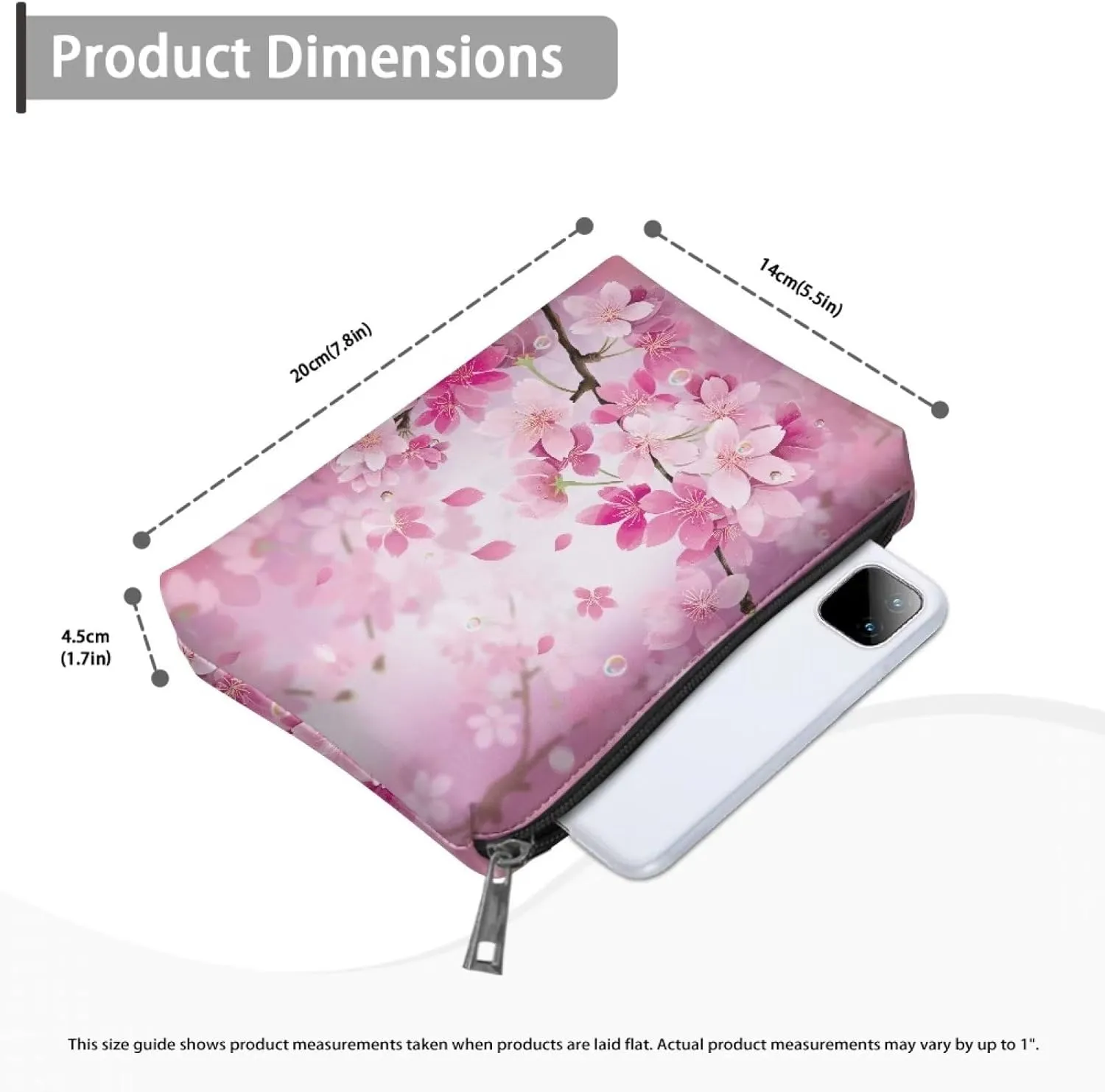 Flashideas Cherry Blossom Print Cosmetic Pouch Travel Makeup Bag Organizer PU Leather Portable Versatile Easy to Take Zipper Makeup Organizer Can Hold Makeup Brushes Skincare