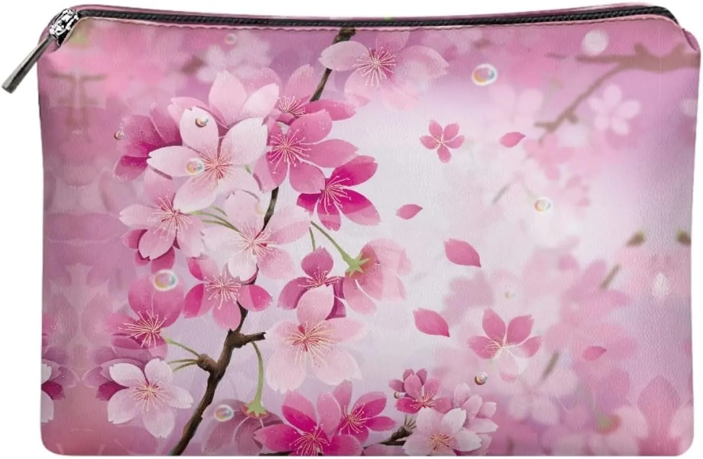 Flashideas Cherry Blossom Print Cosmetic Pouch Travel Makeup Bag Organizer PU Leather Portable Versatile Easy to Take Zipper Makeup Organizer Can Hold Makeup Brushes Skincare