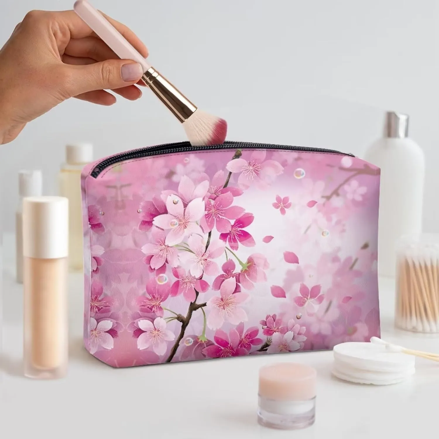 Flashideas Cherry Blossom Print Cosmetic Pouch Travel Makeup Bag Organizer PU Leather Portable Versatile Easy to Take Zipper Makeup Organizer Can Hold Makeup Brushes Skincare