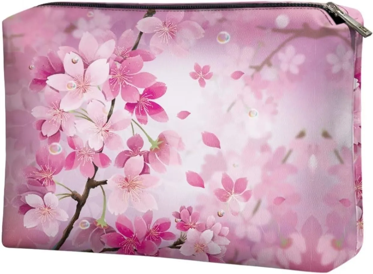 Flashideas Cherry Blossom Print Cosmetic Pouch Travel Makeup Bag Organizer PU Leather Portable Versatile Easy to Take Zipper Makeup Organizer Can Hold Makeup Brushes Skincare