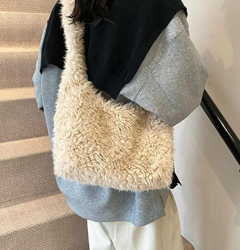 Fuzzy Tote Bags for Women Slouchy Hobo Bags for Women Faux Fur Shoulder Bag Trendy Purse Satchel Handbag Crossbody Bag