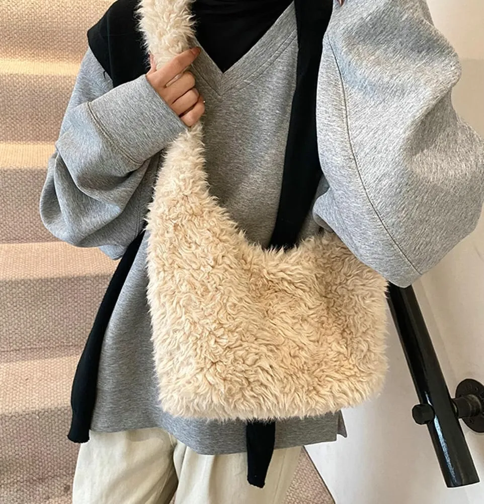 Fuzzy Tote Bags for Women Slouchy Hobo Bags for Women Faux Fur Shoulder Bag Trendy Purse Satchel Handbag Crossbody Bag