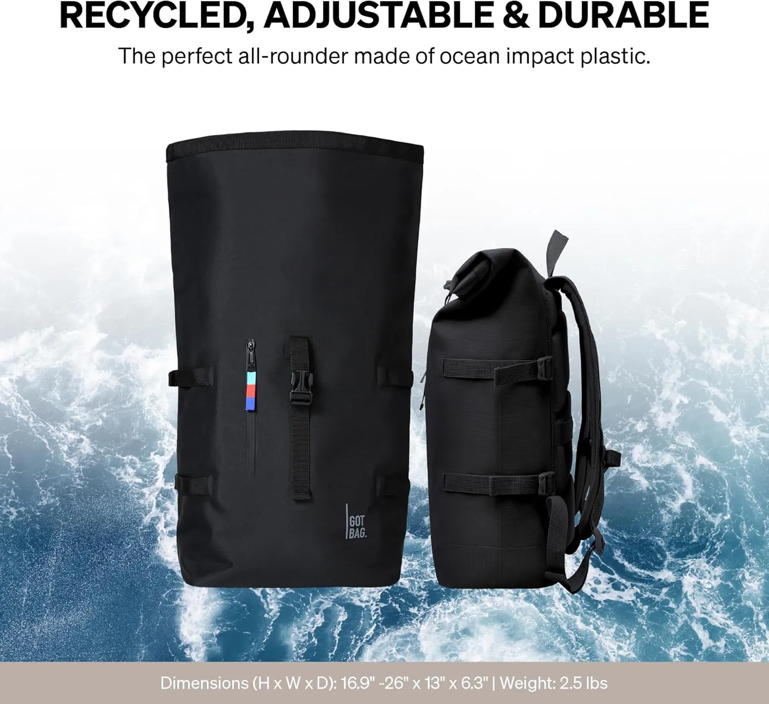 GOT BAG - ROLLTOP Backpack, Hiking & Travel with a 15 Laptop Sleeve, Eco-Conscious Bag Made of Recycled Ocean Impact Plastic (Black Color)