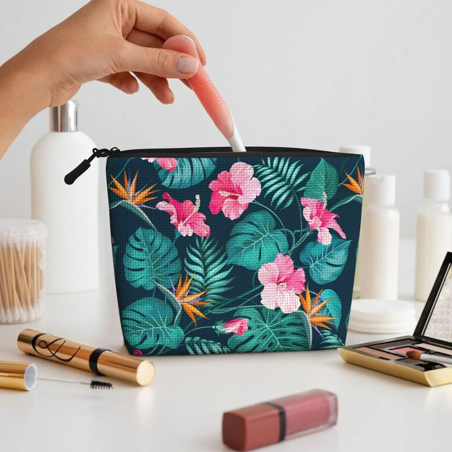 Hawaii Hawaiian Flower Leaf Makeup Bag Travel Cosmetic Bag Organizer Toiletry Bag Make Up Bags For Women Girls Large Light