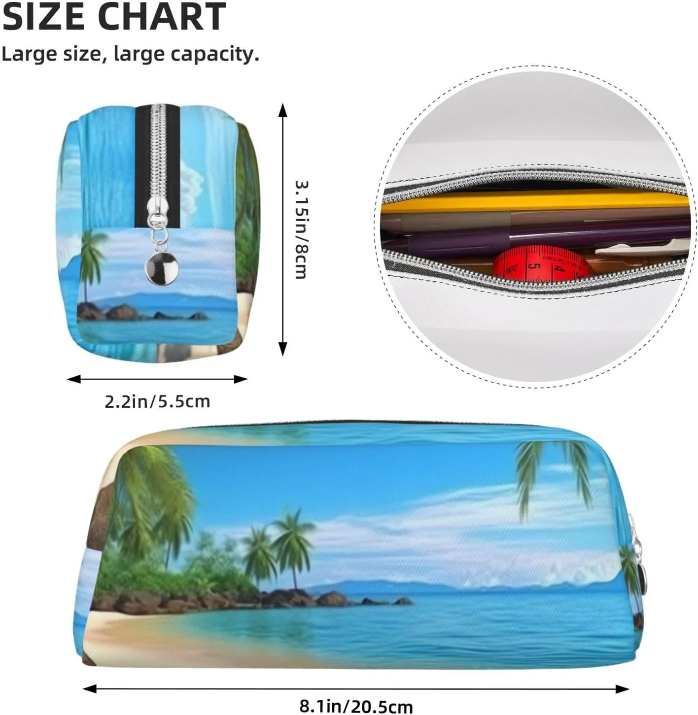 Hawaiian Beach with Palm Trees Makeup Bag Travel Toiletry Bag Big Pencil Bags for Women Men Leather Zipper Coin Pouch Purse