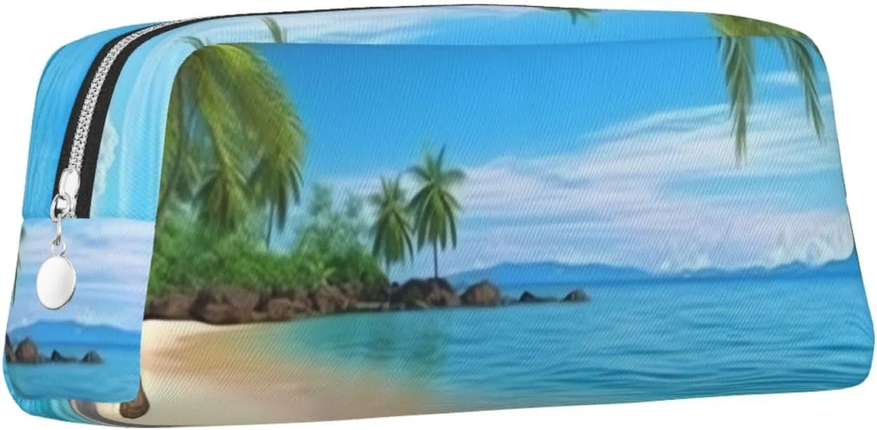 Hawaiian Beach with Palm Trees Makeup Bag Travel Toiletry Bag Big Pencil Bags for Women Men Leather Zipper Coin Pouch Purse