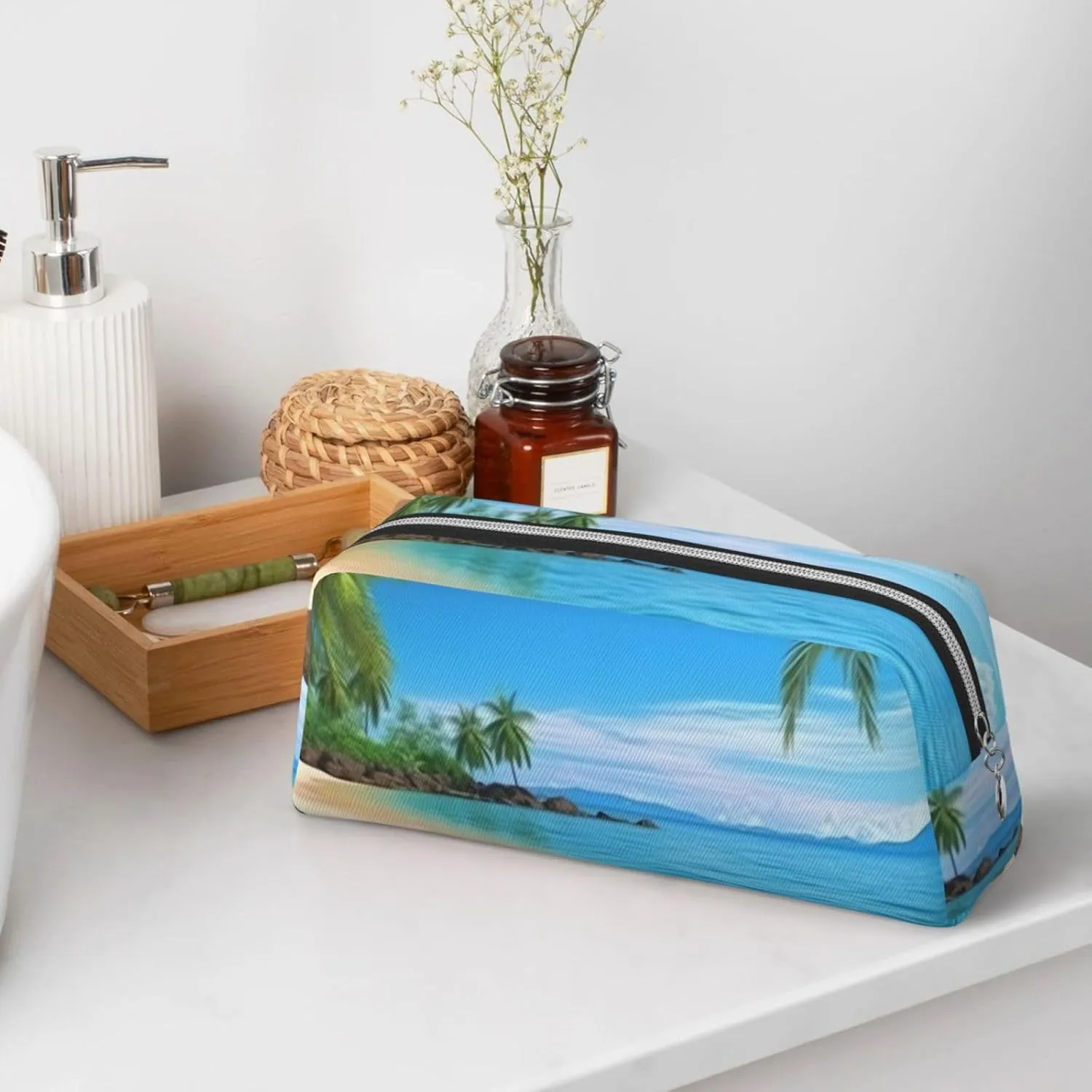 Hawaiian Beach with Palm Trees Makeup Bag Travel Toiletry Bag Big Pencil Bags for Women Men Leather Zipper Coin Pouch Purse
