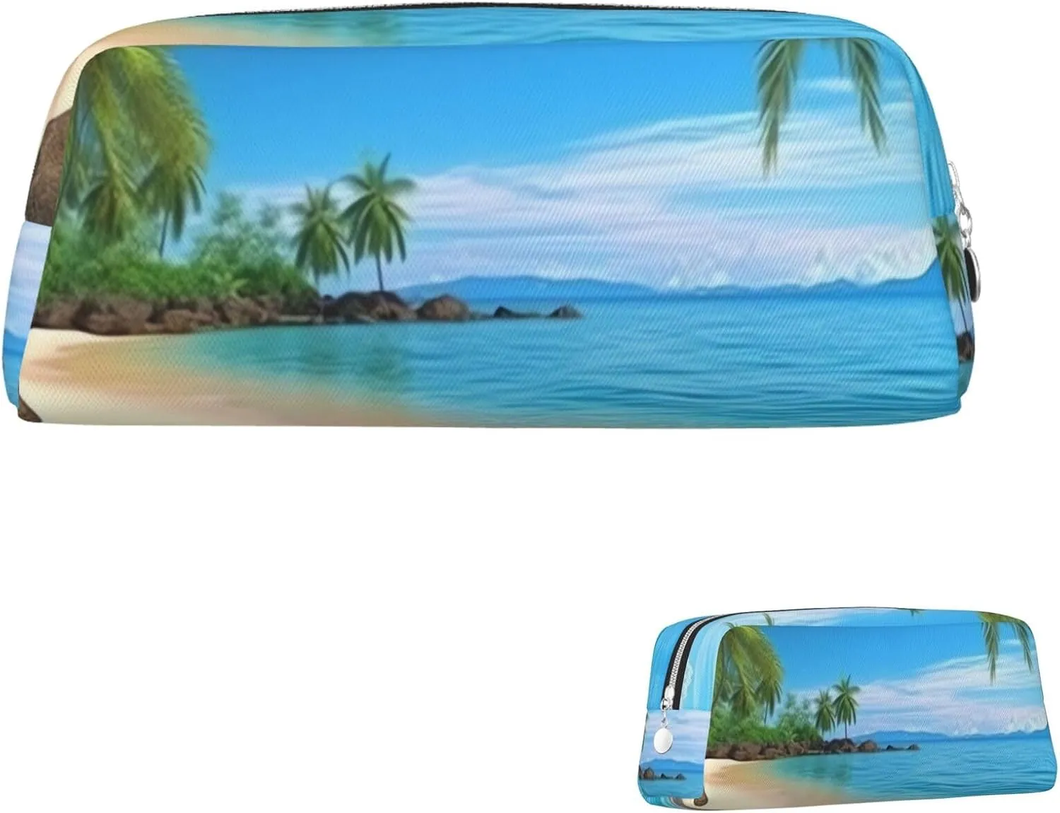 Hawaiian Beach with Palm Trees Makeup Bag Travel Toiletry Bag Big Pencil Bags for Women Men Leather Zipper Coin Pouch Purse