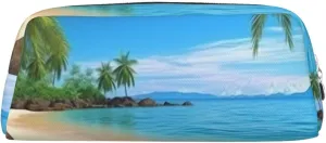 Hawaiian Beach with Palm Trees Makeup Bag Travel Toiletry Bag Big Pencil Bags for Women Men Leather Zipper Coin Pouch Purse