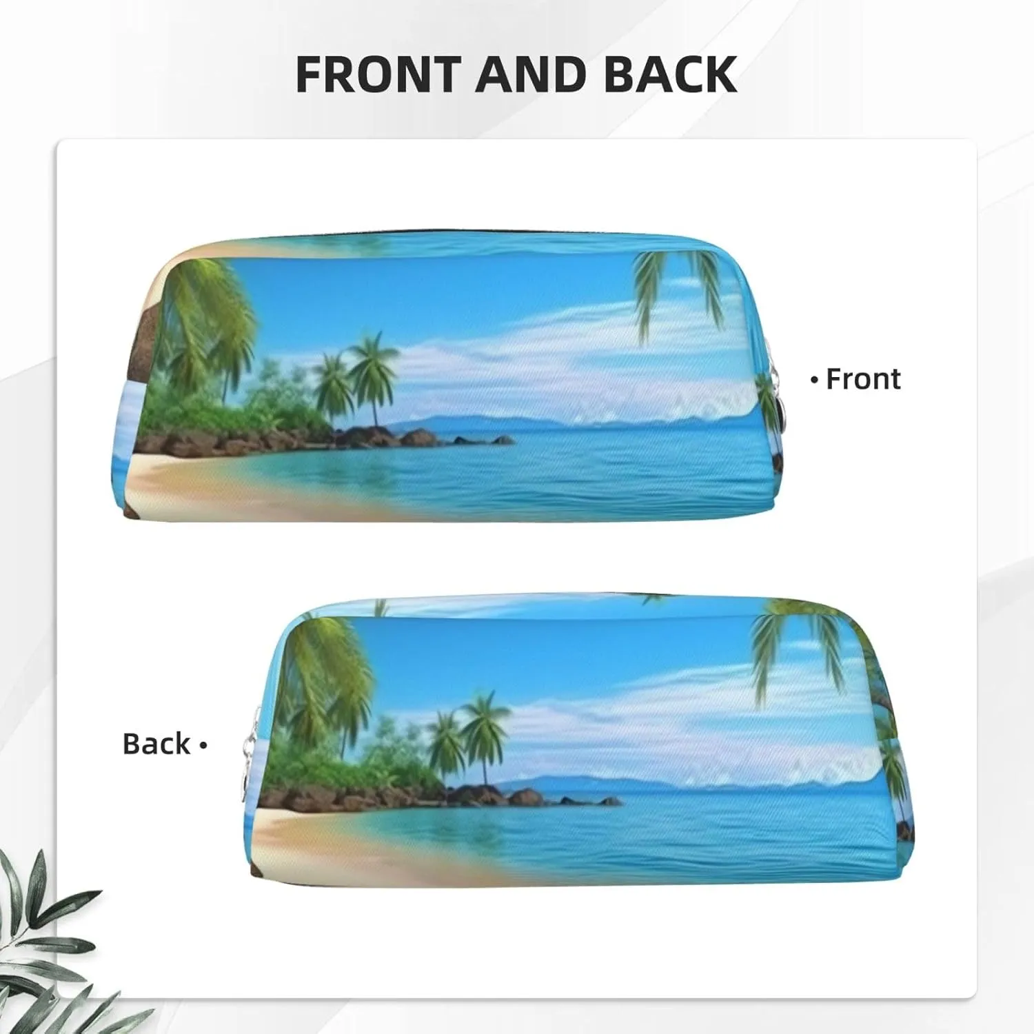 Hawaiian Beach with Palm Trees Makeup Bag Travel Toiletry Bag Big Pencil Bags for Women Men Leather Zipper Coin Pouch Purse