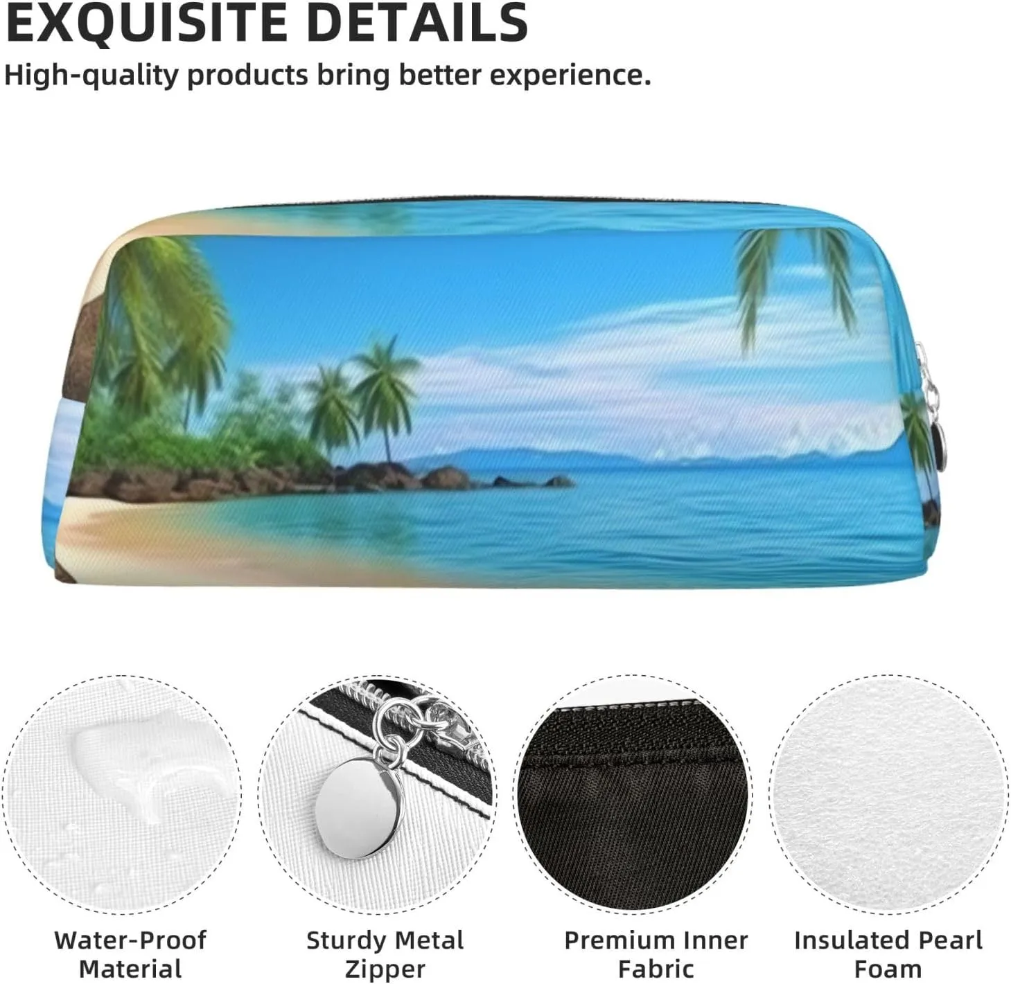 Hawaiian Beach with Palm Trees Makeup Bag Travel Toiletry Bag Big Pencil Bags for Women Men Leather Zipper Coin Pouch Purse