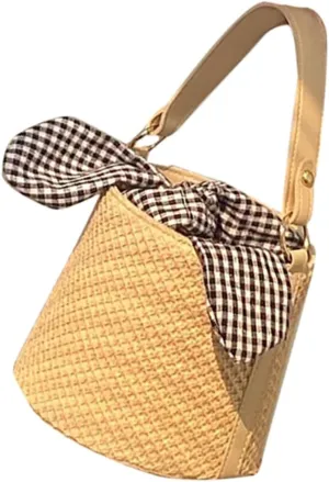 KESYOO Handwoven Bowknot Bucket Bag for Women Stylish Woven Tote for Summer Beach Holidays Chic Crossbody Handbag Versatile Fashion Accessory