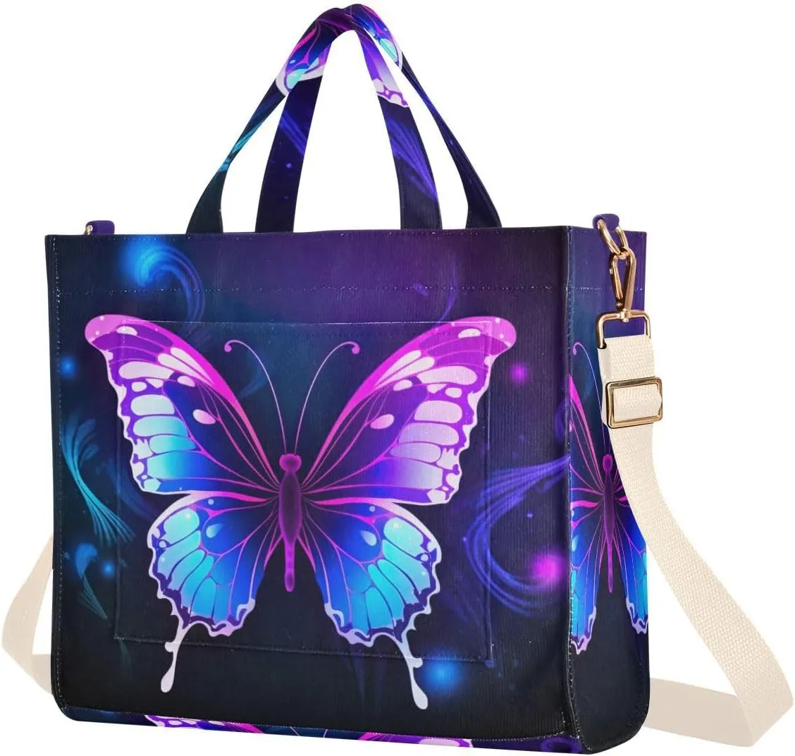 Kigai Purple Butterfly Corduroy Tote Bag for Women Hobo Crossbody Bag Purse Stylish Shoulder Handbag Messenger Bags, S