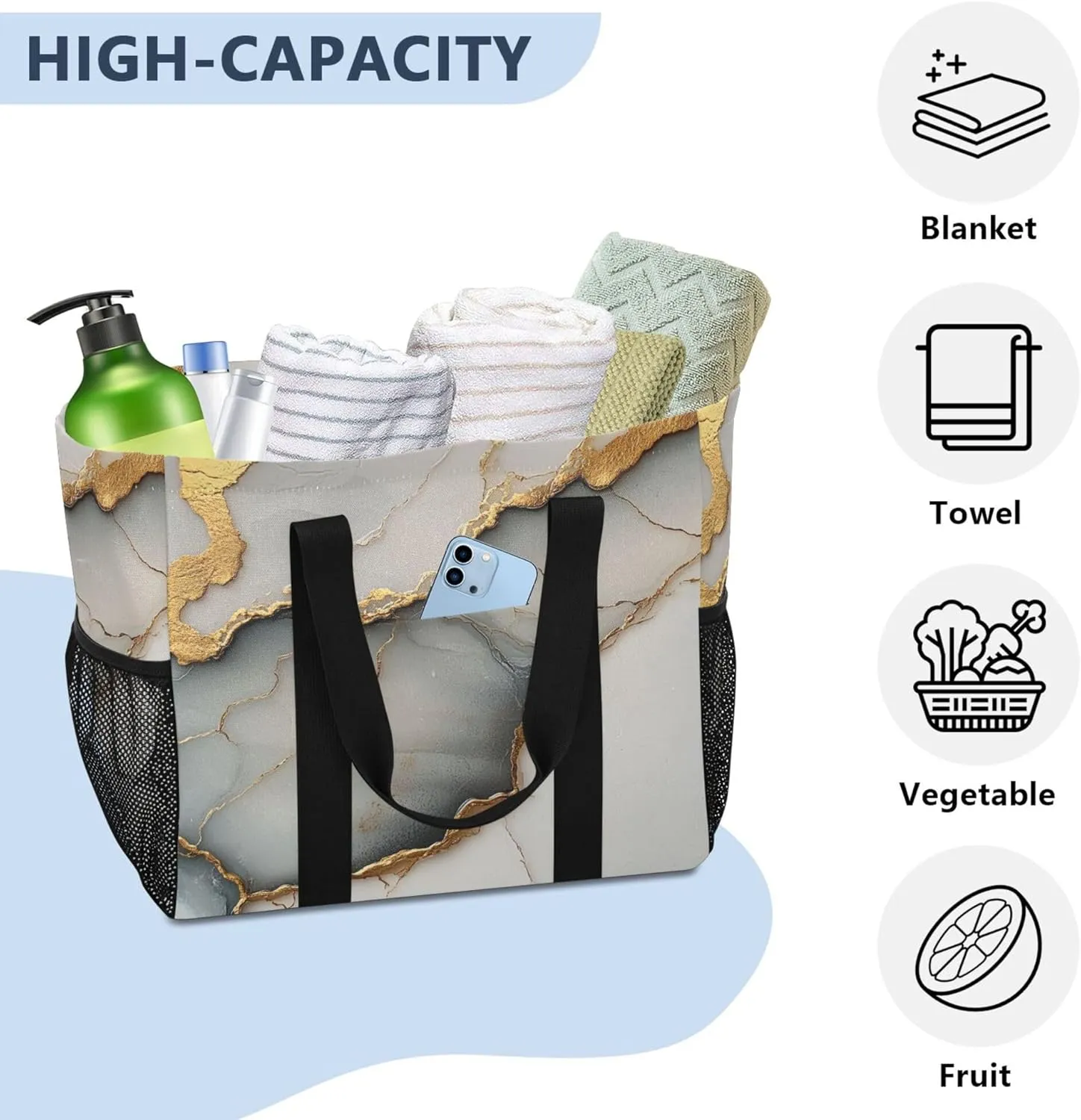 KLL Utility Beach Tote Canvas Collapsable Waterproof Resuable Grocery Bags