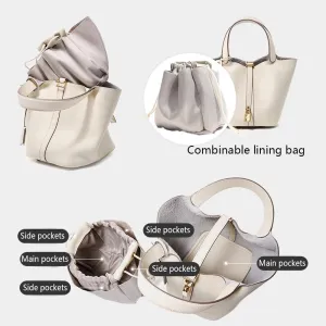 Leather Bucket Bag with Lock Closure, Stylish Shoulder Bag for Everyday Use, Medium Capacity Handbag with Adjustable Strap