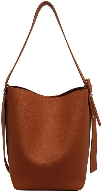 Leather Bucket Tote Bag for Women Hobo Bags Slouchy Shoulder Bag Bucket Bags for Women Trendy Handbag (Brown)