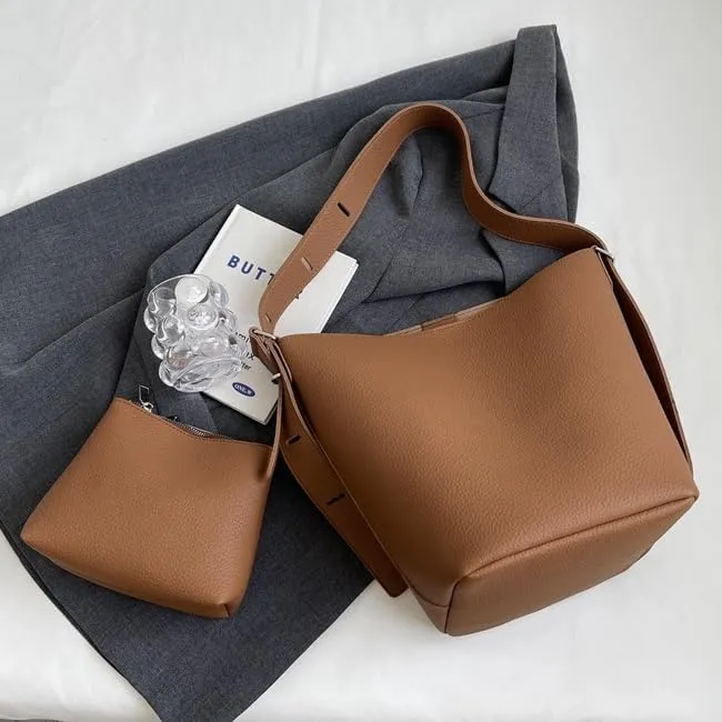 Leather Bucket Tote Bag for Women Hobo Bags Slouchy Shoulder Bag Bucket Bags for Women Trendy Handbag (Khaki)