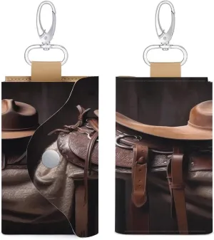 Leather Key Bag, Horse Saddle with A Cowboy Hat Wild Print Chic Key Holder Everyday Key Wallet Versatile Key Wallet Key Holder with Snap Closure