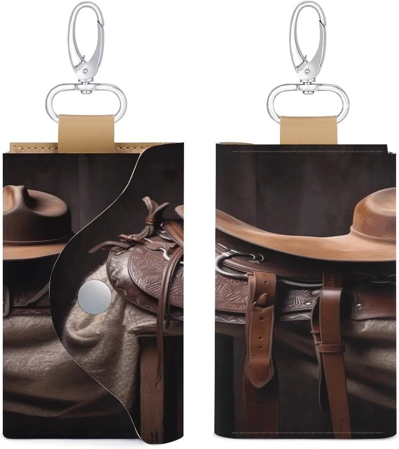 Leather Key Bag, Horse Saddle with A Cowboy Hat Wild Print Chic Key Holder Everyday Key Wallet Versatile Key Wallet Key Holder with Snap Closure