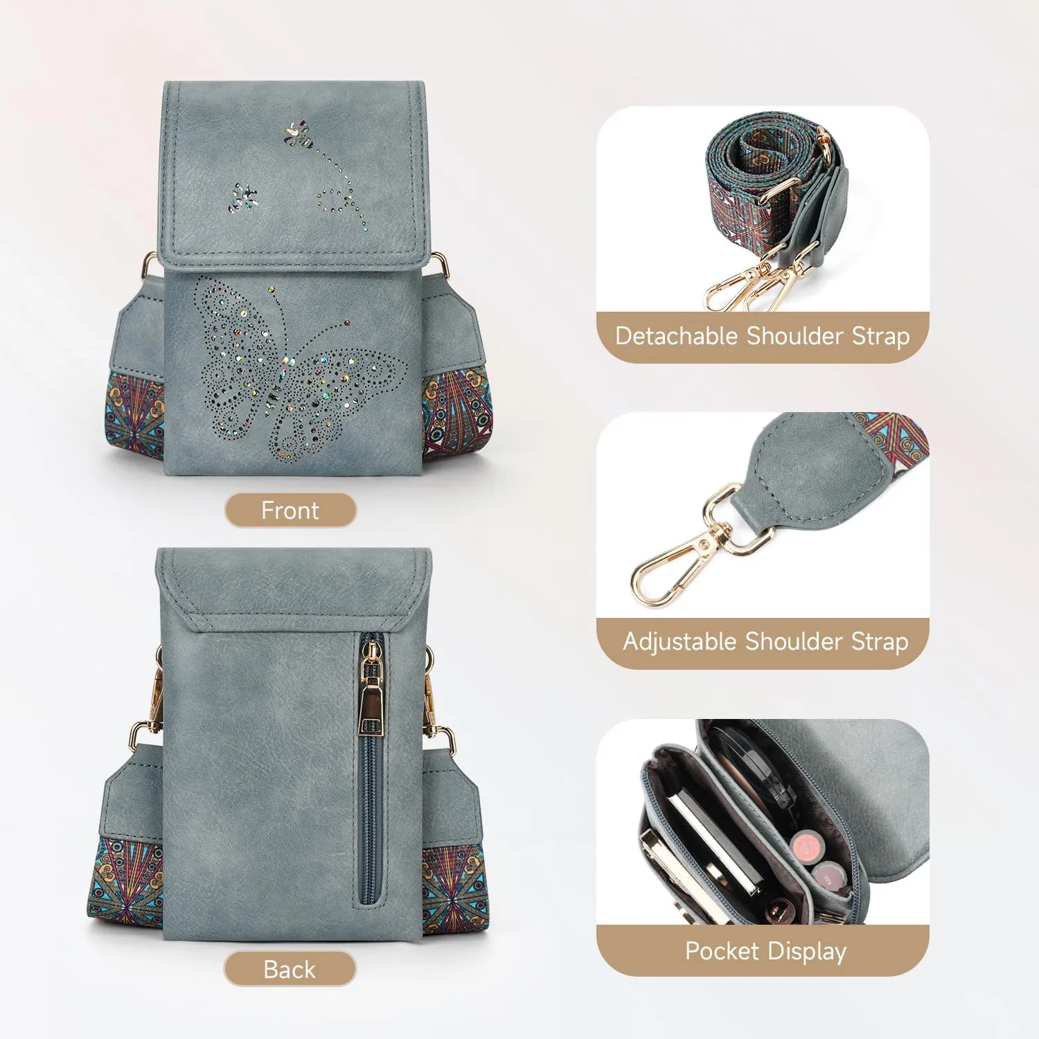 Leather Small Crossbody Bags for Women Trendy Cell Phone Bag Wallet Purses Butterfly Design