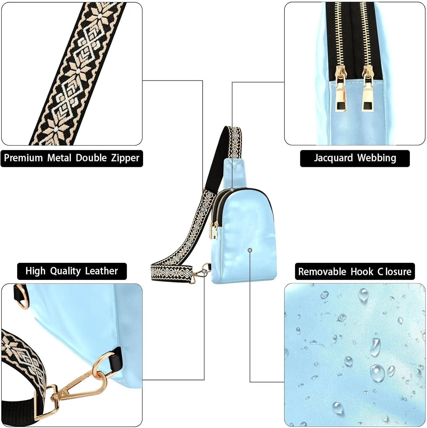 Light Blue Sling Bag for Women Men Fanny Packs Small Crossbody Bags for Women Leather Crossbody Purse Waterproof Chest Bag for Sports Hiking Travel Running