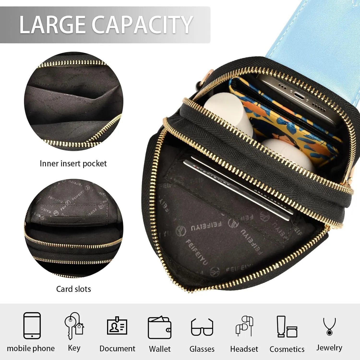 Light Blue Sling Bag for Women Men Fanny Packs Small Crossbody Bags for Women Leather Crossbody Purse Waterproof Chest Bag for Sports Hiking Travel Running