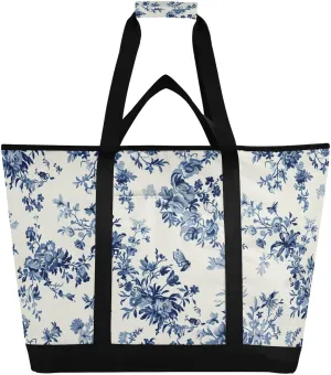 Light Blue White Pattern Large Insulated Tote Bag for Grocery Shopping Reusable Tote Bags for Women Men, Cooler Bag with Zippered Top & Handles for Beach Picnic Travel