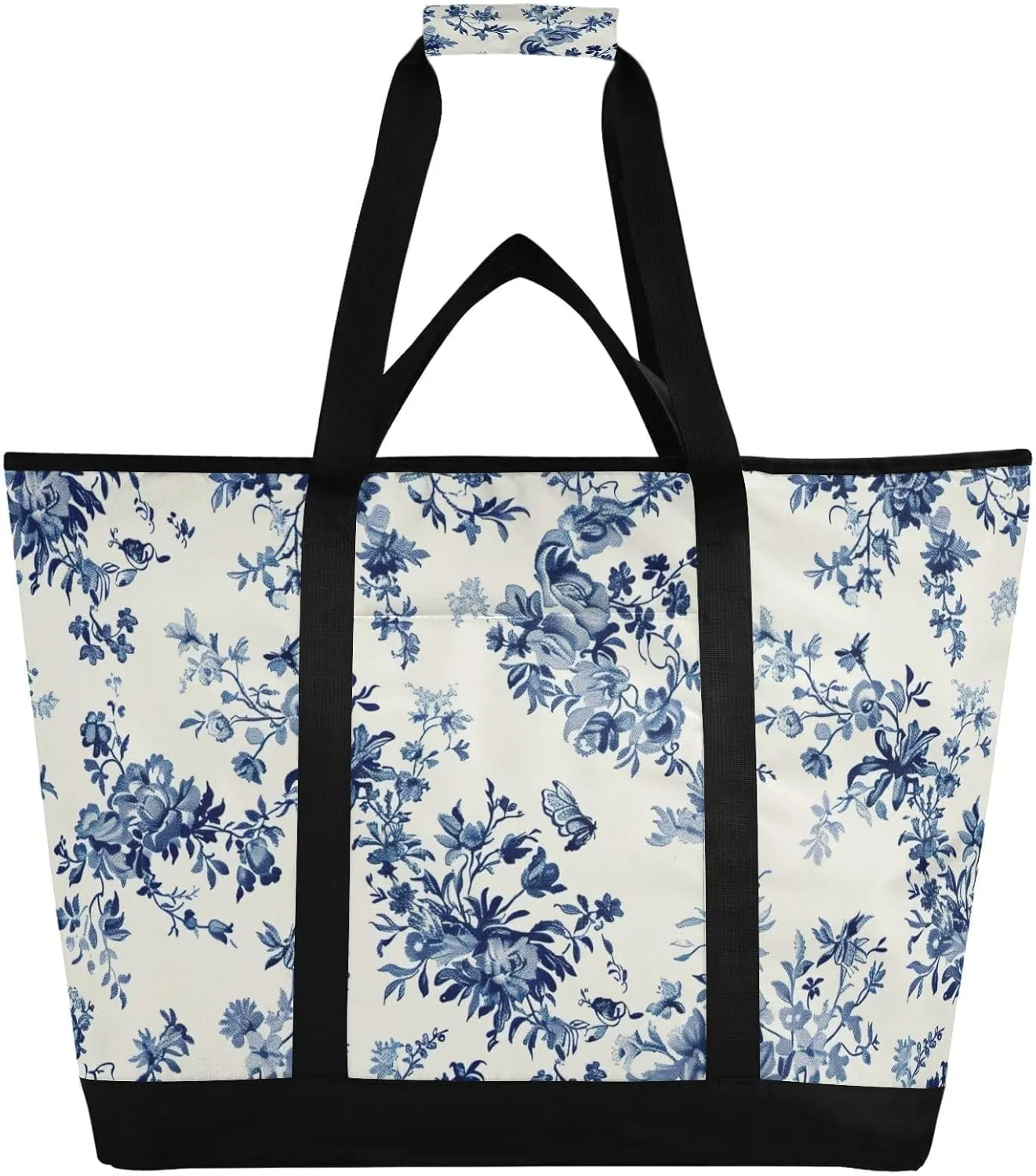 Light Blue White Pattern Large Insulated Tote Bag for Grocery Shopping Reusable Tote Bags for Women Men, Cooler Bag with Zippered Top & Handles for Beach Picnic Travel