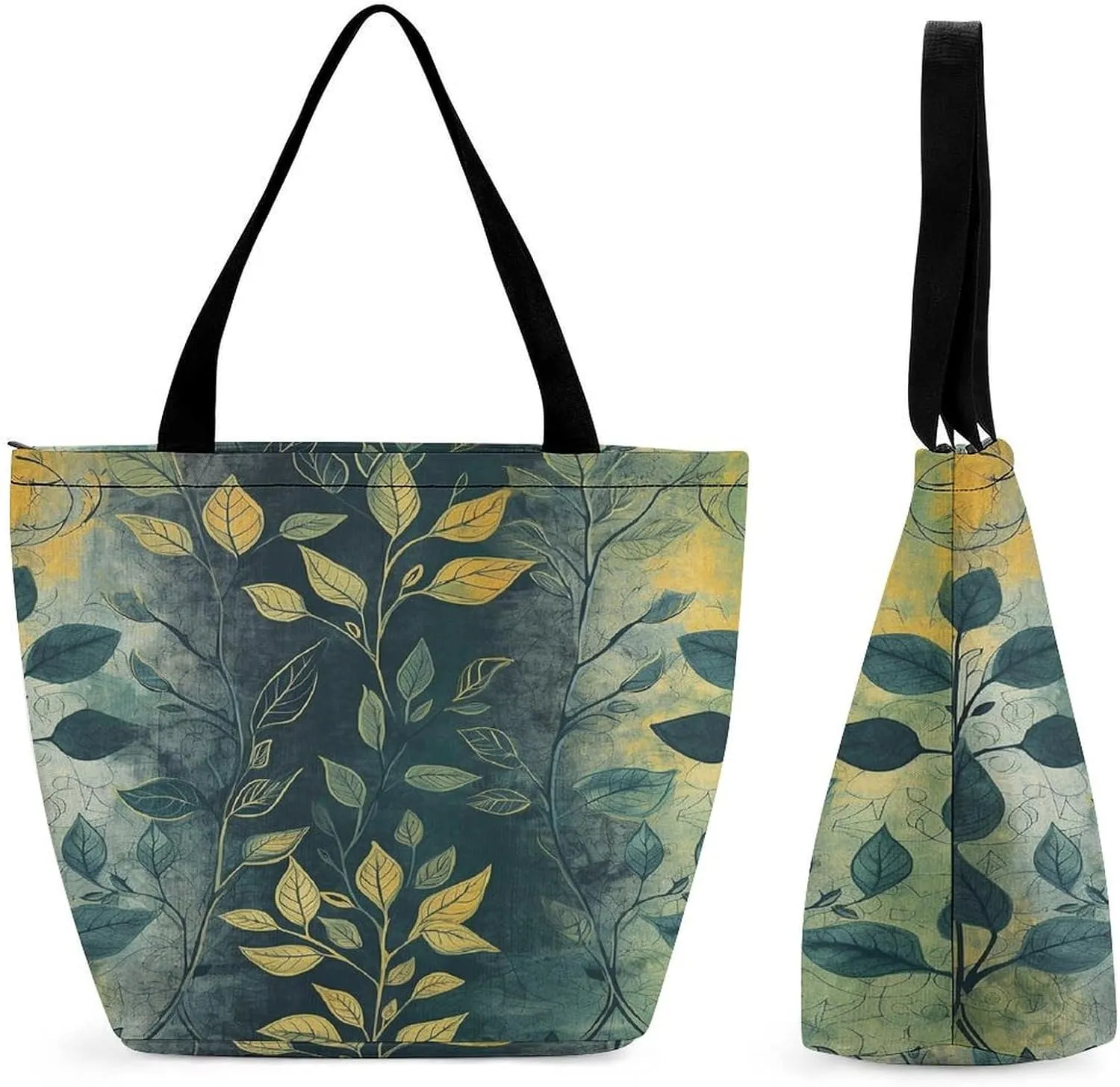 Light Green Leaves Tote Bags Reusable Grocery Bags Shopping Zippered Tote for Office Graduation Travel