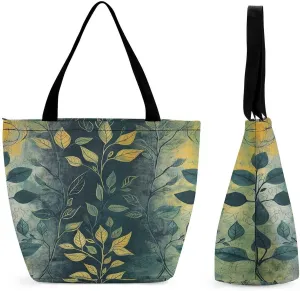 Light Green Leaves Tote Bags Reusable Grocery Bags Shopping Zippered Tote for Office Graduation Travel