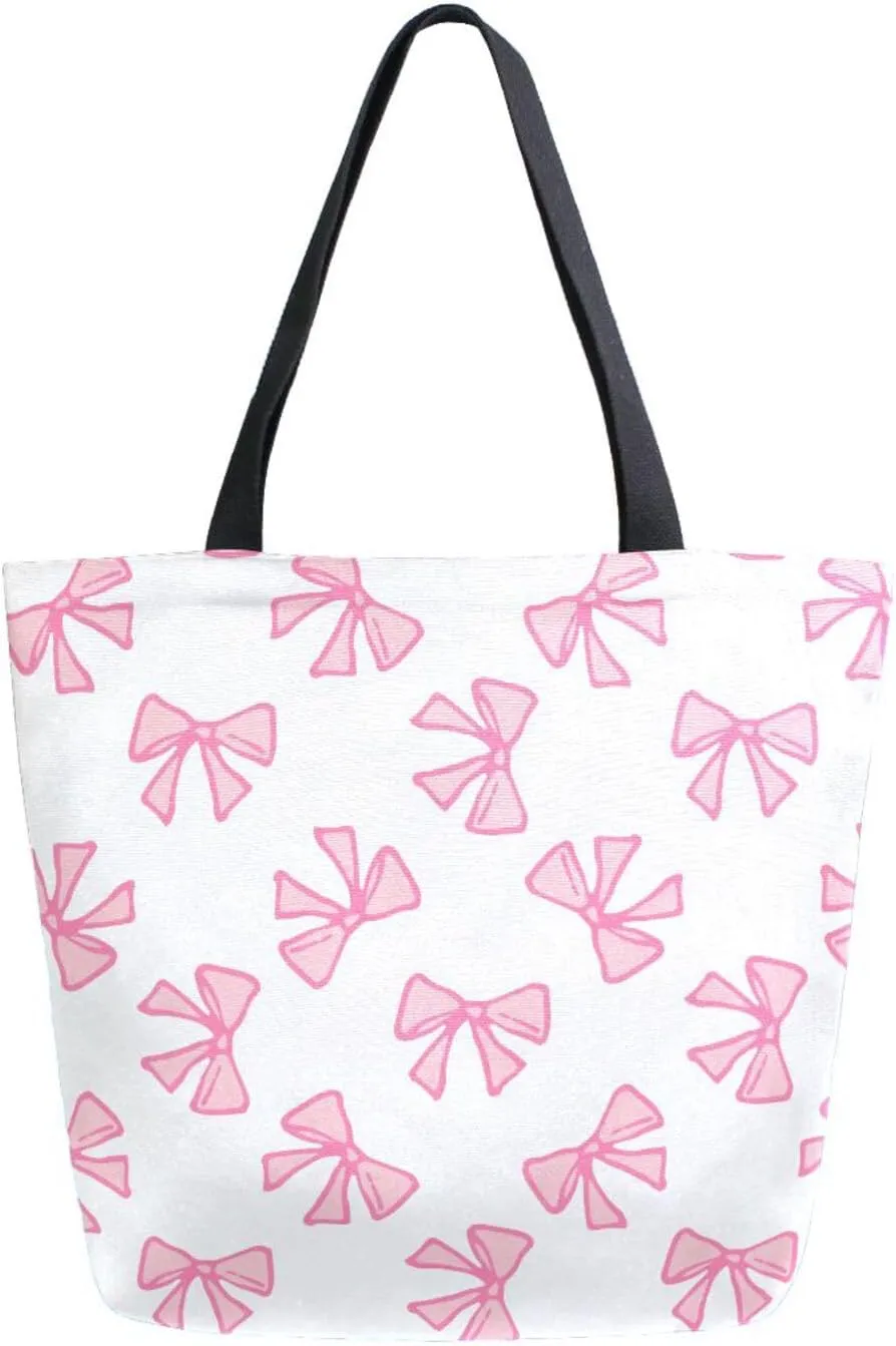 Light Pink Bows Cute Pink Bow Canvas Tote Bag for Women with Zipper Pocket Reusable Grocery Shopping Bags Large Travel Shoulder Bag Handbag Bags