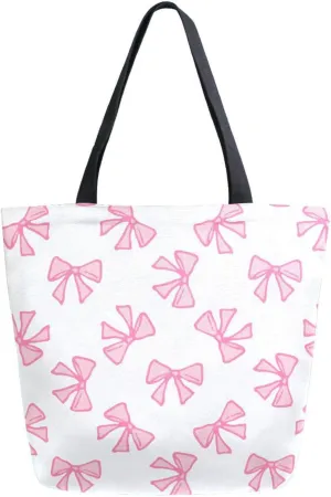Light Pink Bows Cute Pink Bow Canvas Tote Bag for Women with Zipper Pocket Reusable Grocery Shopping Bags Large Travel Shoulder Bag Handbag Bags