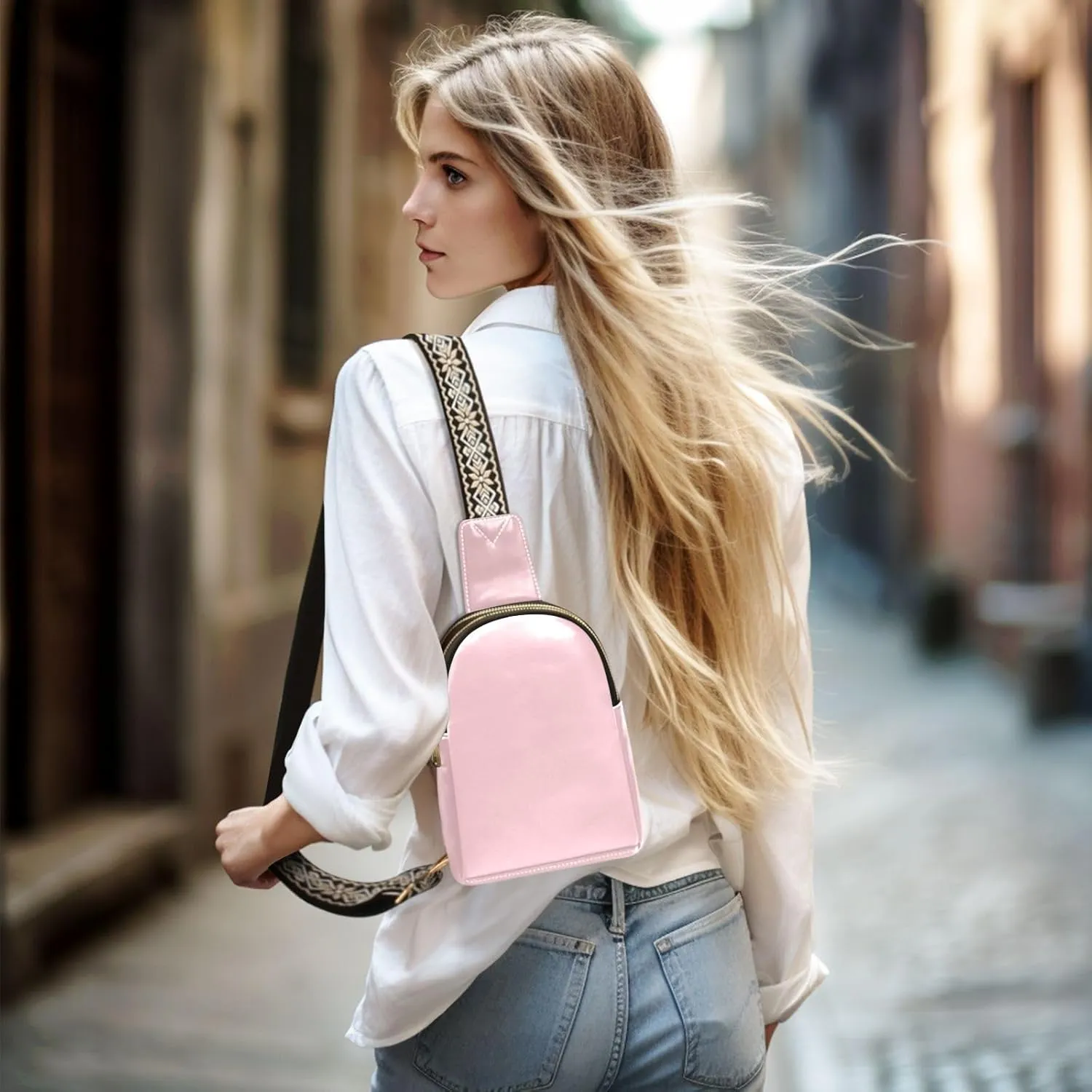 Light Pink Sling Bag for Women Men Fanny Packs Small Crossbody Bags for Women Leather Crossbody Purse Waterproof Chest Bag for Travel Sport Running Hiking
