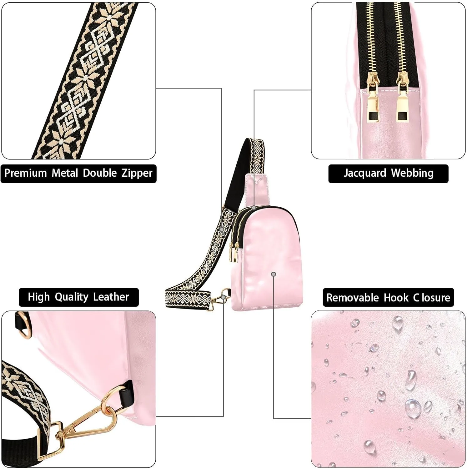 Light Pink Sling Bag for Women Men Fanny Packs Small Crossbody Bags for Women Leather Crossbody Purse Waterproof Chest Bag for Travel Sport Running Hiking