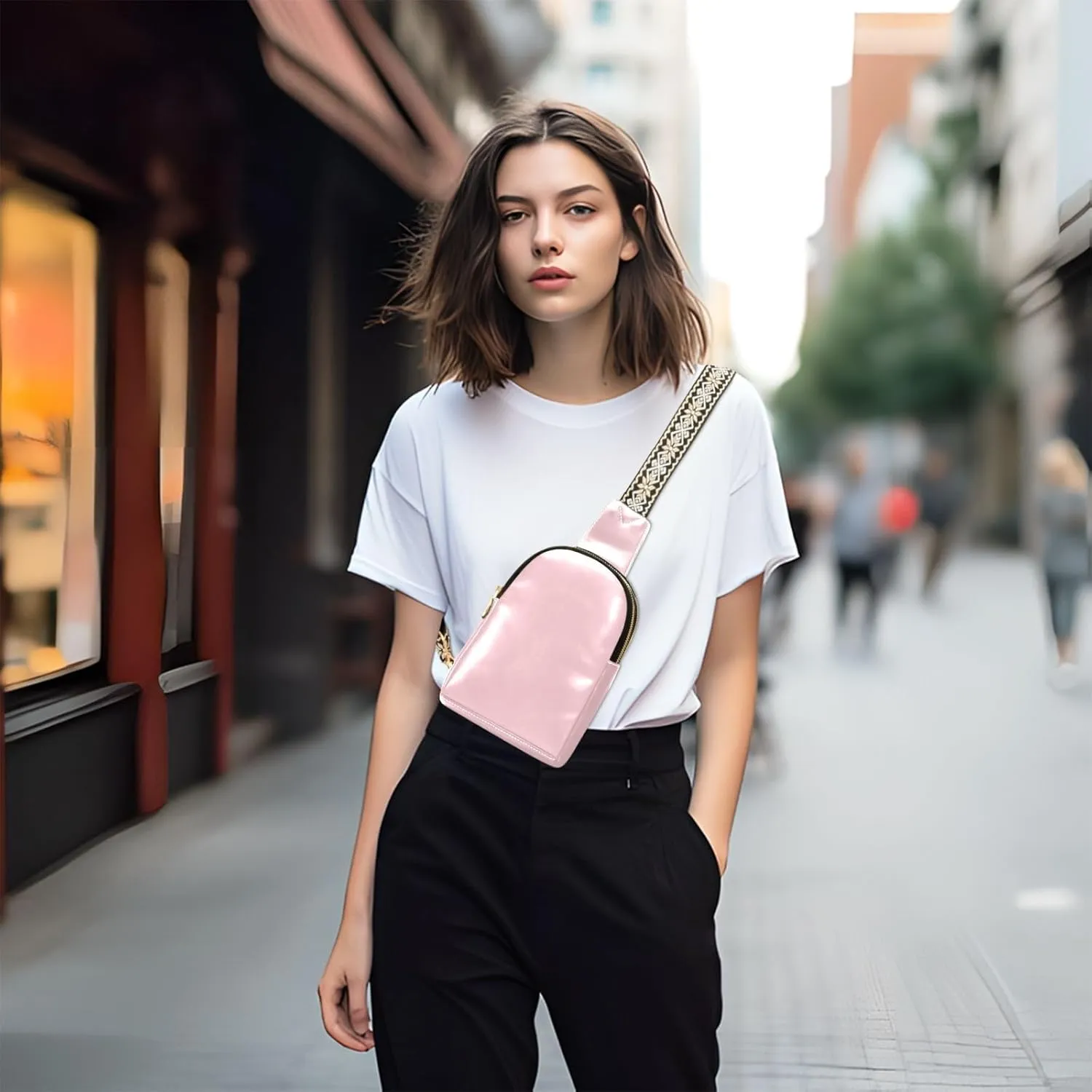 Light Pink Sling Bag for Women Men Fanny Packs Small Crossbody Bags for Women Leather Crossbody Purse Waterproof Chest Bag for Travel Sport Running Hiking