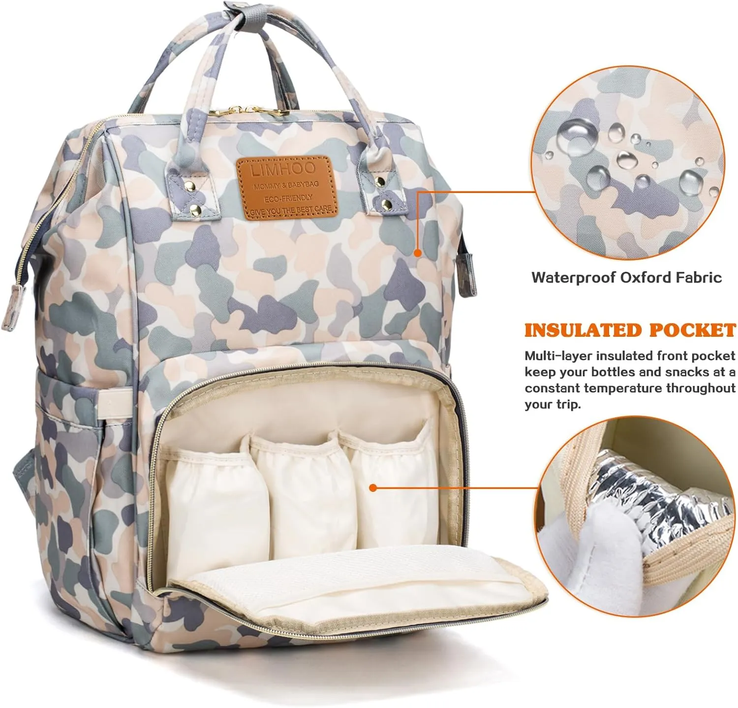 LIMHOO Diaper Bag Backpack for Men Dad, Waterproof Large Canvas Camo Nappy Bags, Baby Care Bag (Light Camo)