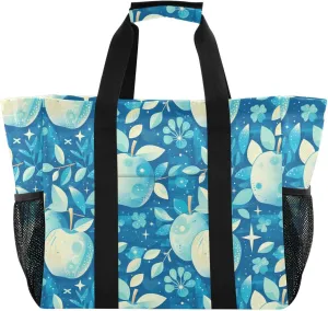 linqin Light Turquoise Apples Utility Tote with Handles Foldable Reusable Shopping Bags with Compartments for Car