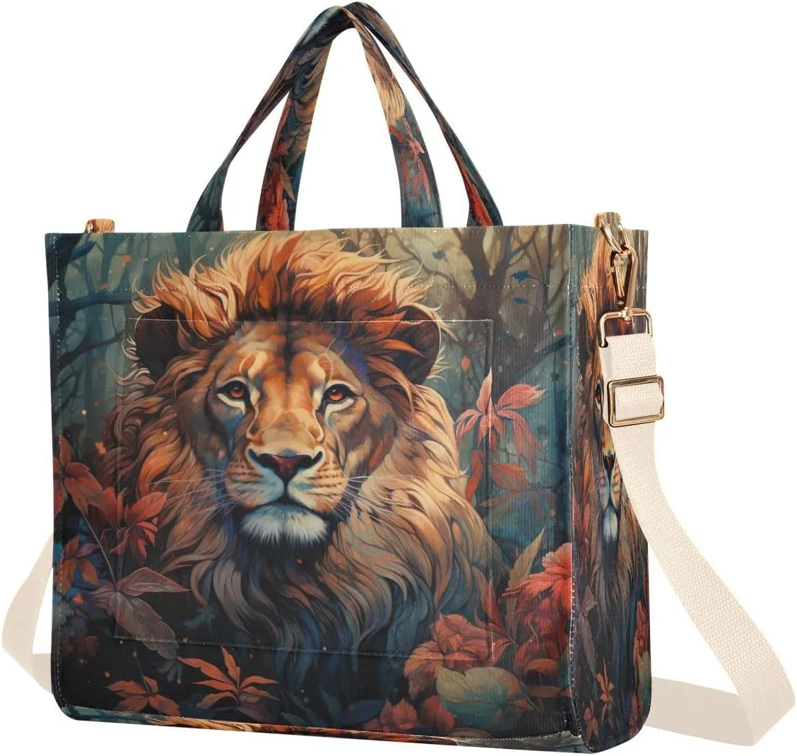 Lively Lion Corduroy Tote Bag for Women Hobo Crossbody Bag Purse Stylish Shoulder Handbag Messenger Bags, S