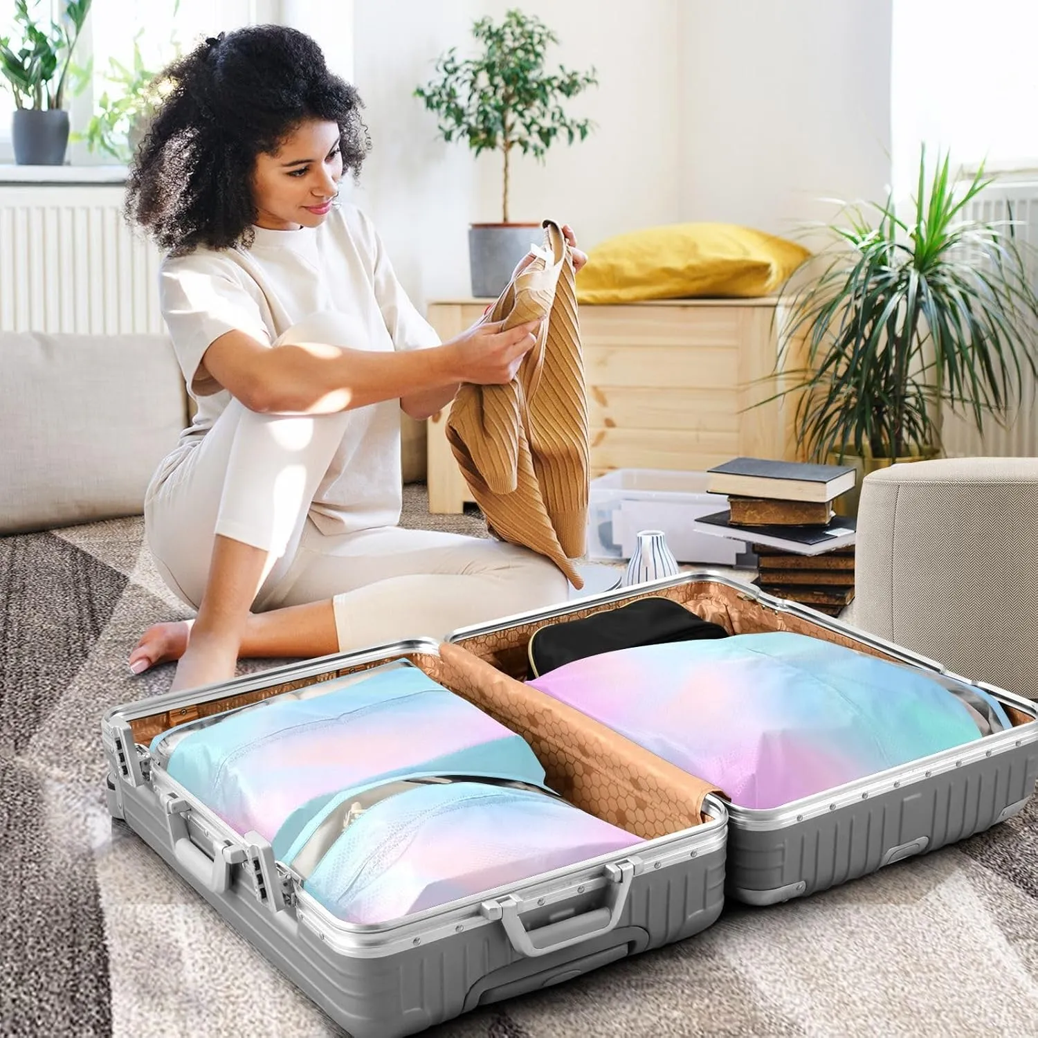 Luggage Space Saver, Luggages Management Personnel, Blur Purple Blue, With Zipper, 3 Set Travel Packing Cubes For Suitcases, Garment Bag Closet Storage