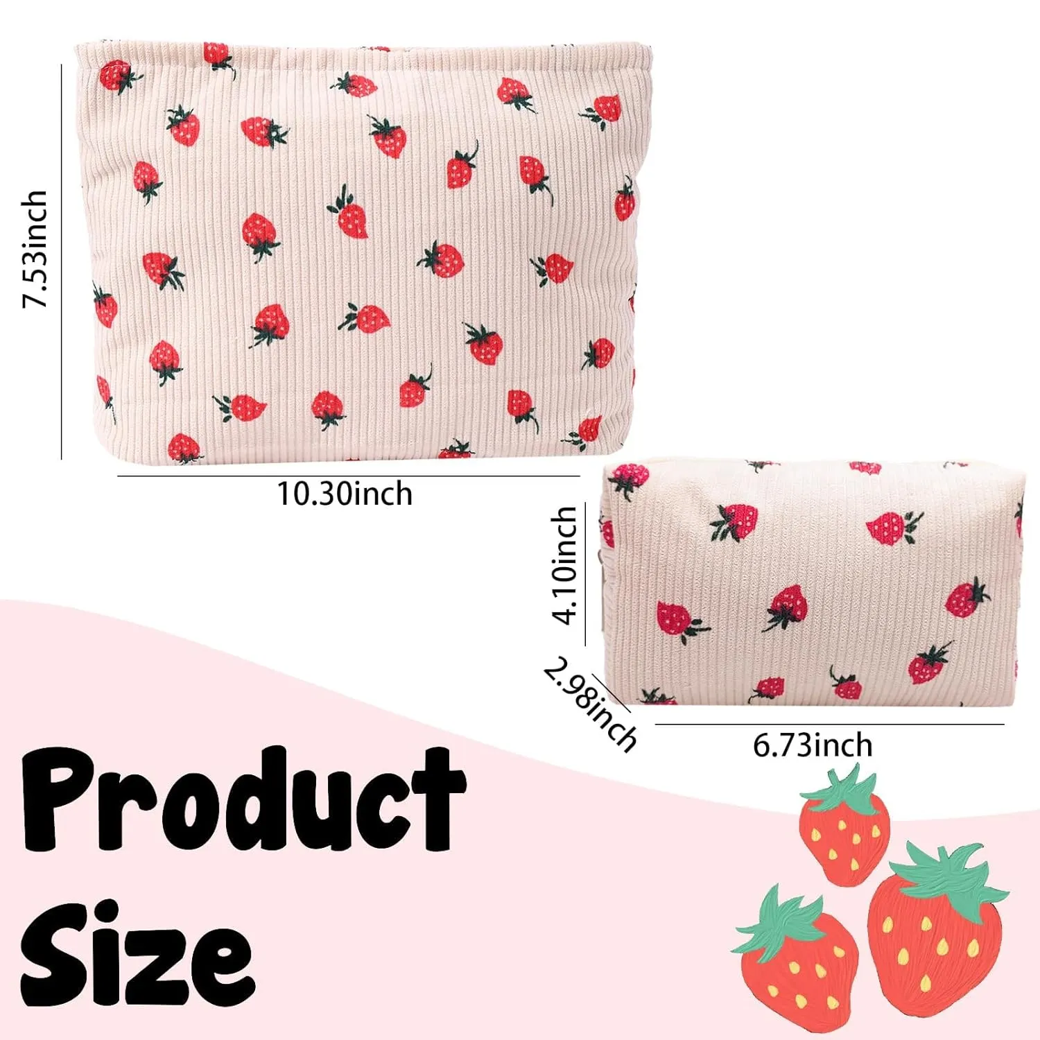 LYDZTION 2PCS Cute Corduroy Makeup Bag Set for Women, Small Travel Toiletry Bag, Coquette Cosmetic Portable Versatile Zipper Pouch - Strawberry