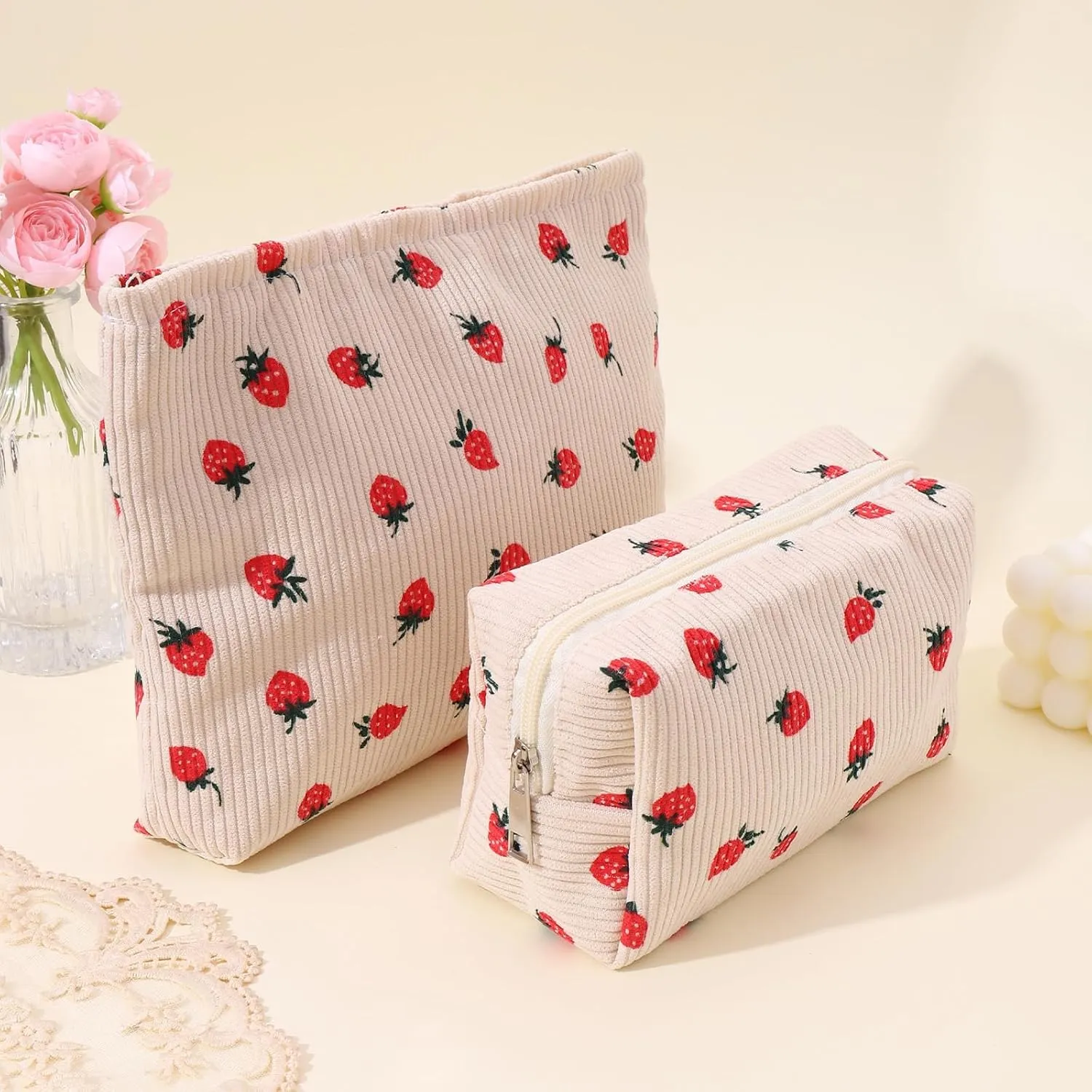 LYDZTION 2PCS Cute Corduroy Makeup Bag Set for Women, Small Travel Toiletry Bag, Coquette Cosmetic Portable Versatile Zipper Pouch - Strawberry