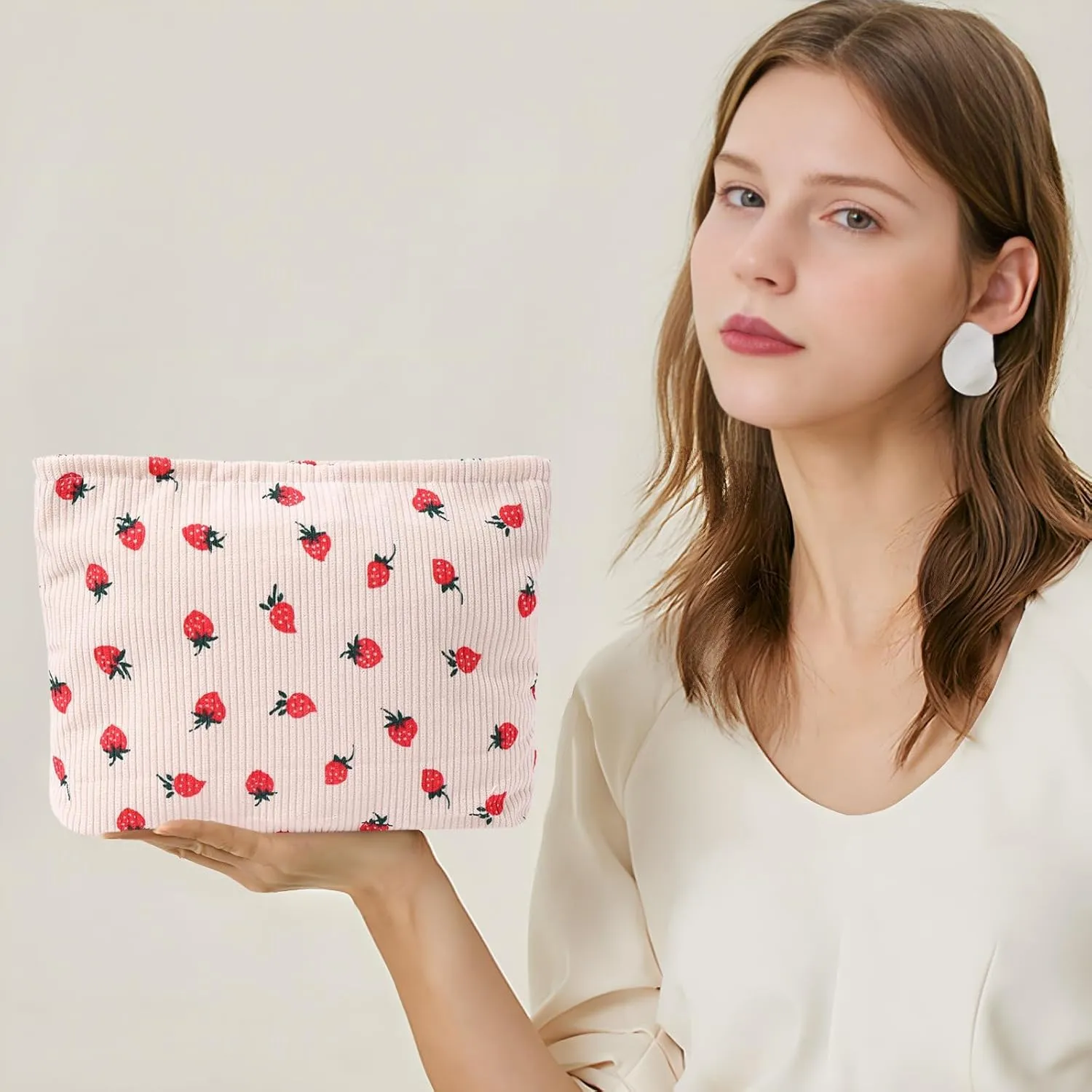 LYDZTION 2PCS Cute Corduroy Makeup Bag Set for Women, Small Travel Toiletry Bag, Coquette Cosmetic Portable Versatile Zipper Pouch - Strawberry