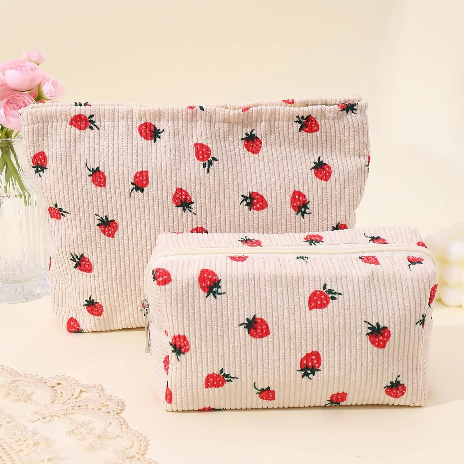 LYDZTION 2PCS Cute Corduroy Makeup Bag Set for Women, Small Travel Toiletry Bag, Coquette Cosmetic Portable Versatile Zipper Pouch - Strawberry