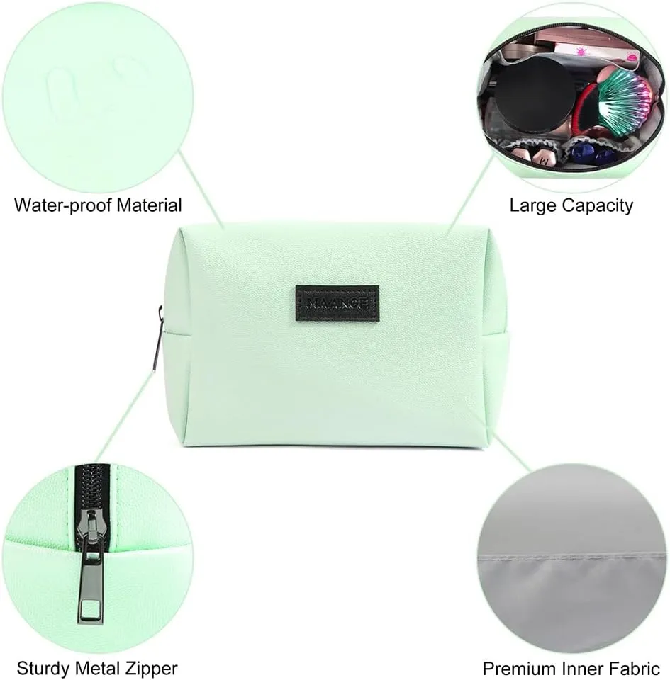 MAANGE Small Makeup Bag For Purse, Travel Cosmetic Bag Makeup Pouch PU Leather Portable Versatile Zipper Pouch For Women (Green)