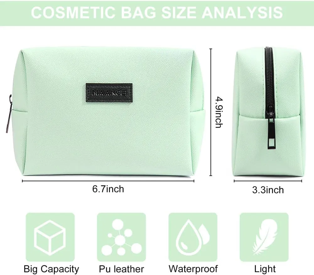 MAANGE Small Makeup Bag For Purse, Travel Cosmetic Bag Makeup Pouch PU Leather Portable Versatile Zipper Pouch For Women (Green)